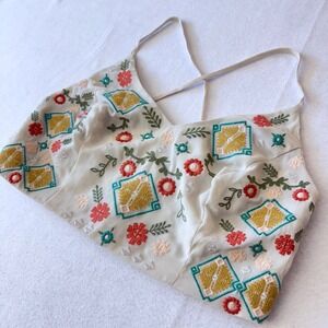 Xhilaration Womens Embroidered Boho Crop Top Cream Floral Smocked Back Large